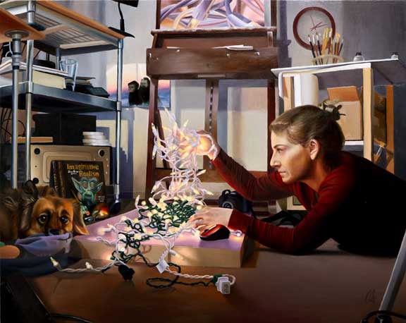 Painting of Guenevere Schwien in her studio with her lights and many sneaky items that are important to her
