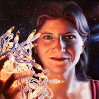 Oil on wood, 15"x 15" Oil Painting Self Portrait of Guenevere Schwien holding a tangle of string lights, with the night sky behind her.