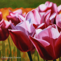 Oil on wood, 10" x 10"
SOLD oil painting of a group of purple tulips lit by the sun in the field growing