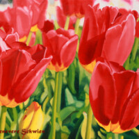 Oil on wood, close up of several red tulips growing in the field