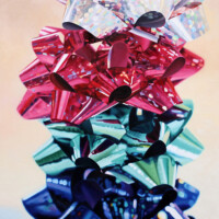 Oil on wood, 16" x 16"
SOLD realistic oil painting of a stack of sparkly bows