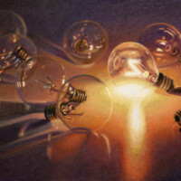 Pasetl on paper, 6"x 10" Pastel drawing of several round light bulbd laying on a table in the dark. One of the light builbs is light up even though it is not plugged into anything.
